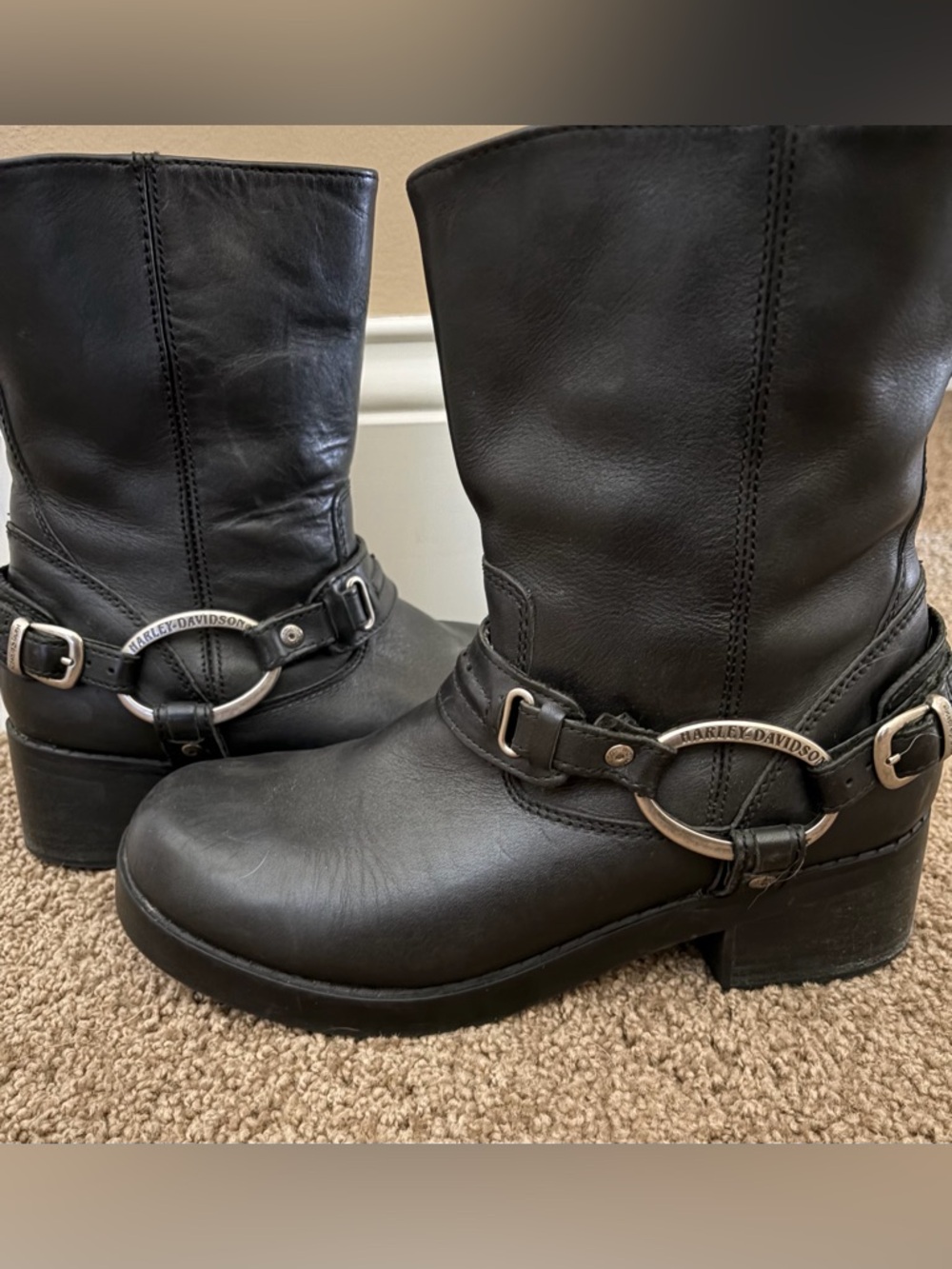 Harley-Davidson Black Leather Harness Moto Boots with Silver Hardware